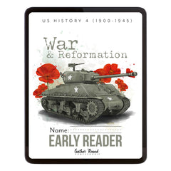 A tablet-style product showing a US History 4 'War & Reformation' student book cover. The artwork features a military tank with white stars and red poppy flowers on a white background.
