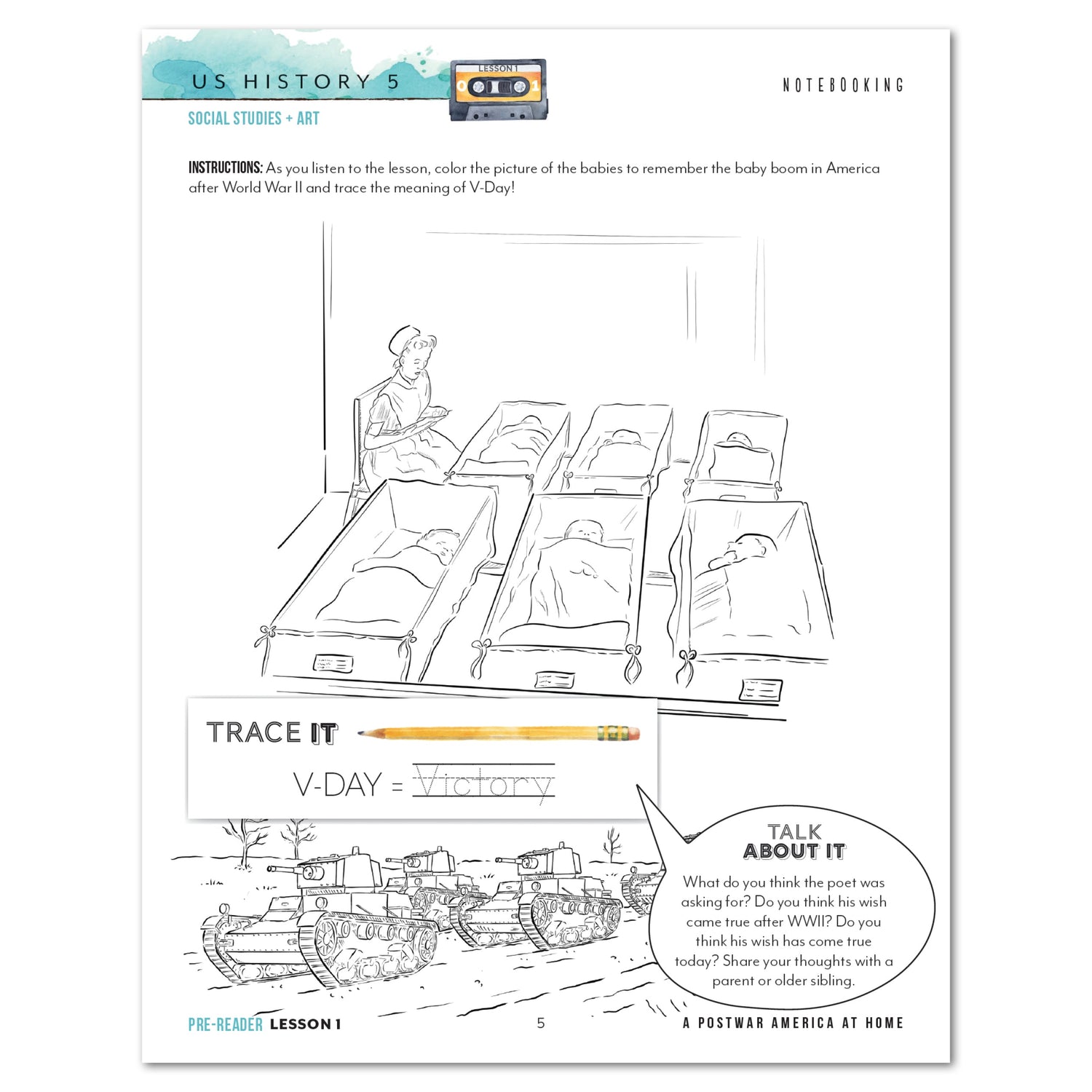 US History 5: A New Era: 1946-1975 Homeschool Unit Study Digital Pre-Reader Student Book Lesson 1 Notebooking