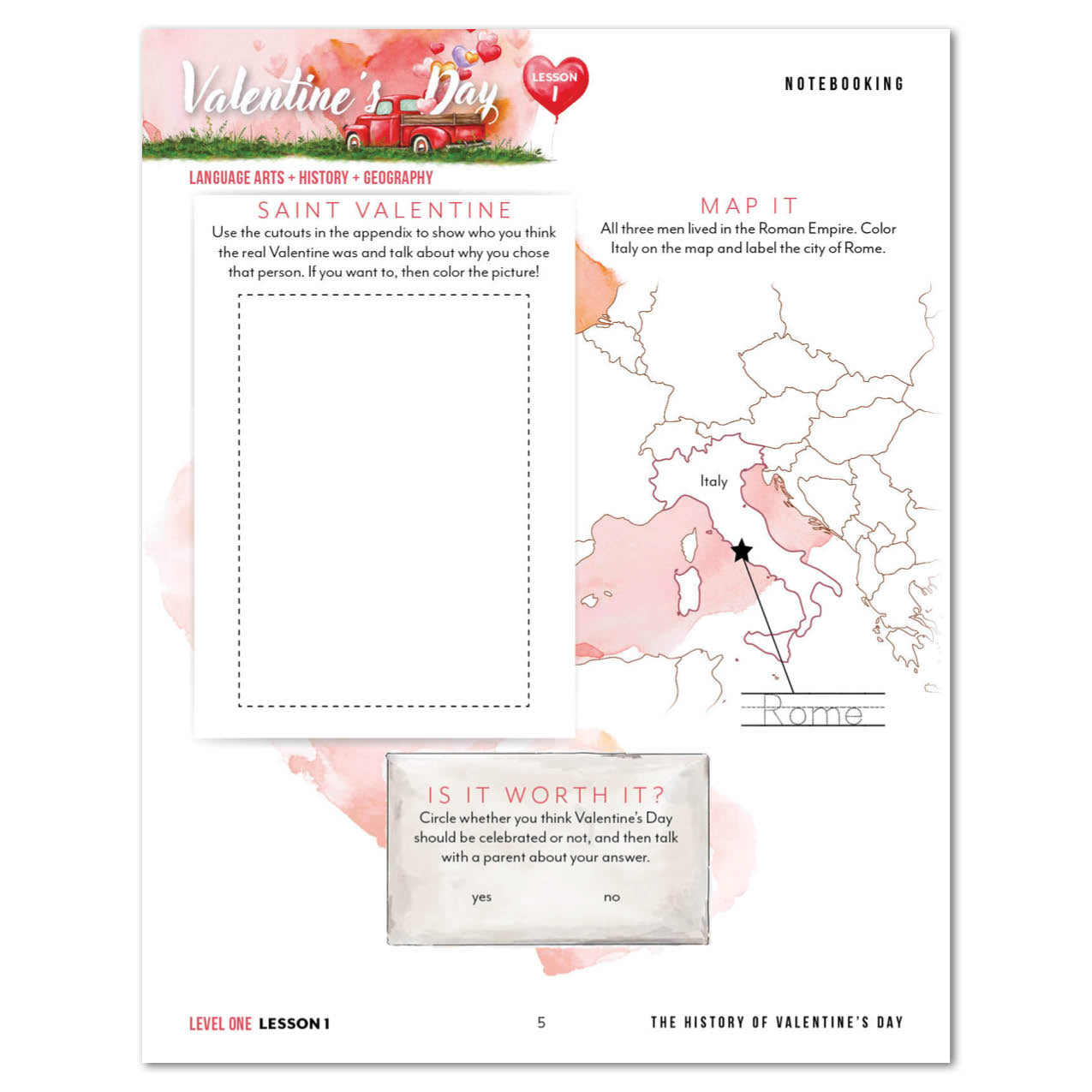 Valentine's Day Homeschool Unit Study Digital Download Level 1 Lesson 1 Notebooking
