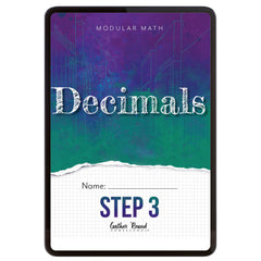 A digital math workbook cover titled 'Decimals' for Step 3 of a modular math series on a white background.