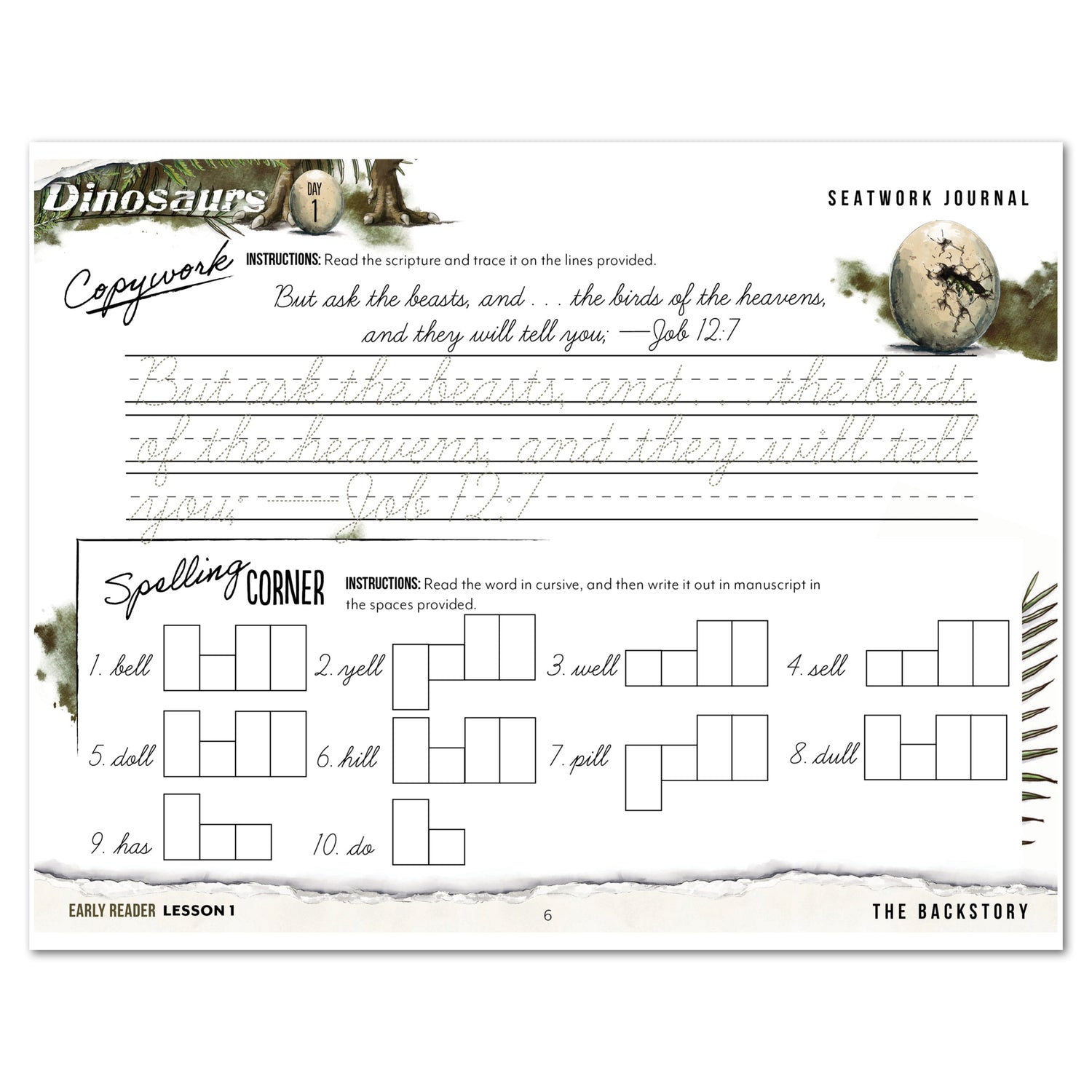 Dinosaurs Homeschool Unit Study Digital Seatwork Journal Cursive Early Reader Lesson 1 Copywork and Spelling