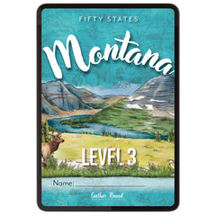 Digital cover of Montana Level 3 featuring illustrated scene of mountains, water, and an elk.