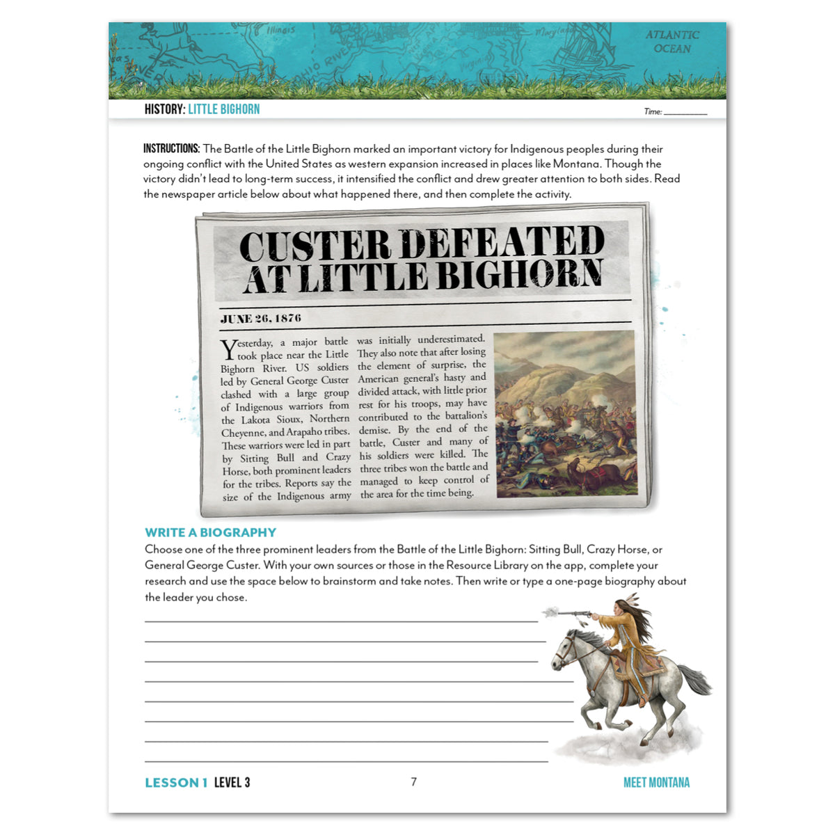 An educational worksheet page titled 'History: Little Bighorn' with text, a newspaper clipping, a drawing of a horse rider, and blank lines for writing a biography.