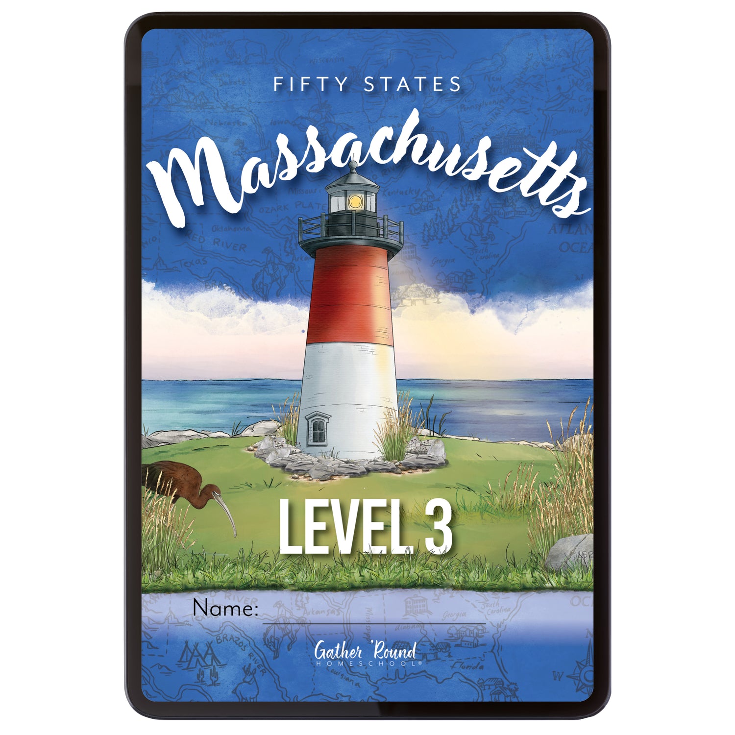 Digital book cover of 'Fifty States: Massachusetts' Level 3 with a lighthouse illustration on a blue background.