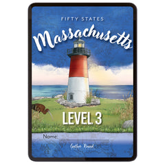 Digital book cover of 'Fifty States: Massachusetts' Level 3 with a lighthouse illustration on a blue background.