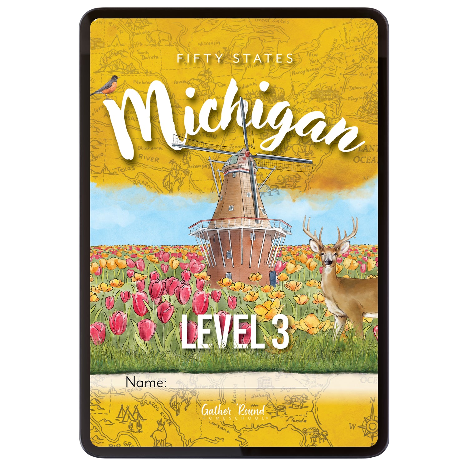 Digital book cover image with a windmill, tulips, and deer in a field on a yellow background with 'Michigan' text.