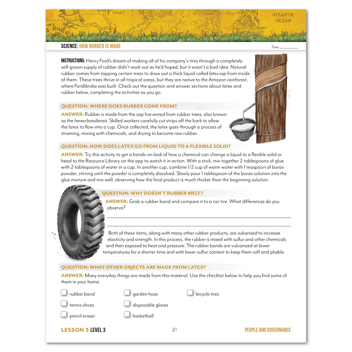 Educational page about rubber production with text and illustrations.