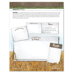 A unit project sheet for language arts, featuring text instructions, sample labeled cards such as 'Materials Needed,' 'Concept Sketch,' 'Ideas,' and 'Information to Include,' plus decorative brown and beige border graphics.