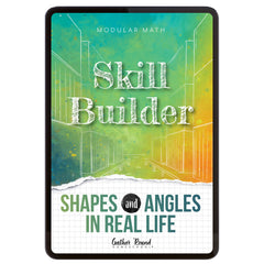 Digital book cover of 'Skill Builder: Shapes and Angles in Real Life' with geometric design and text on a colorful background.