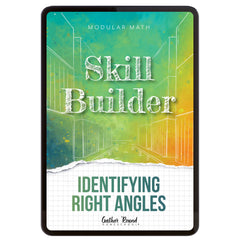 Digital book cover of 'Skill Builder: Identifying Right Angles' with geometric design and text on a colorful background.