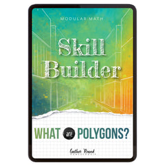 Digital book cover of 'Skill Builder: What are Polygons?' with geometric design and text on a colorful background.