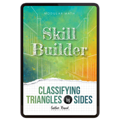 Digital book cover of 'Skill Builder: Classifying Triangles by Sides' with geometric design and text on a colorful background. 