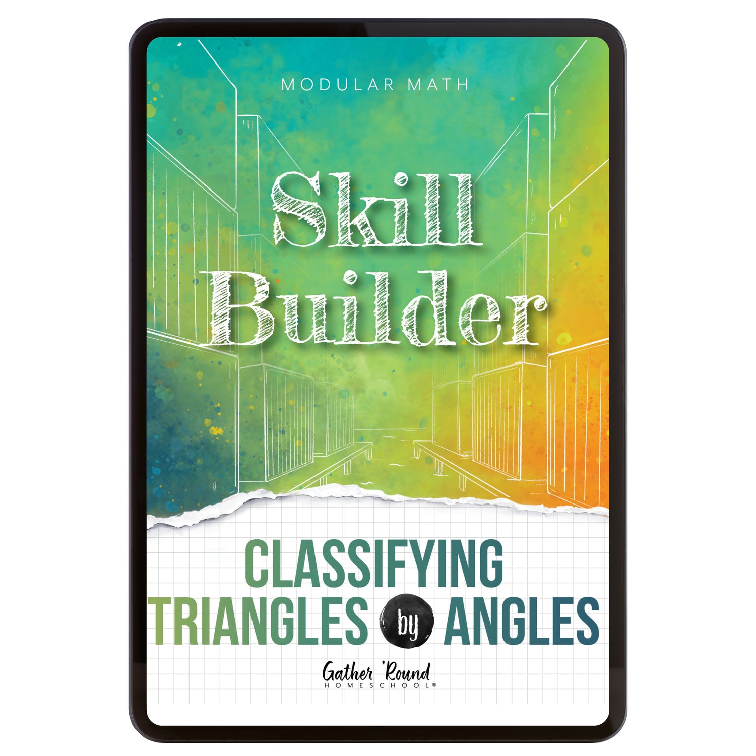 Digital book cover of 'Skill Builder: Classifying Triangles by Angles' with geometric design and text on a colorful background.