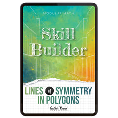 Digital book cover of 'Skill Builder: Lines of Symmetry in Polygons' with geometric design and text on a colorful background.