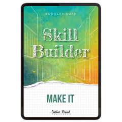 Digital book cover of 'Skill Builder: Make It' with geometric design and text on a colorful background.