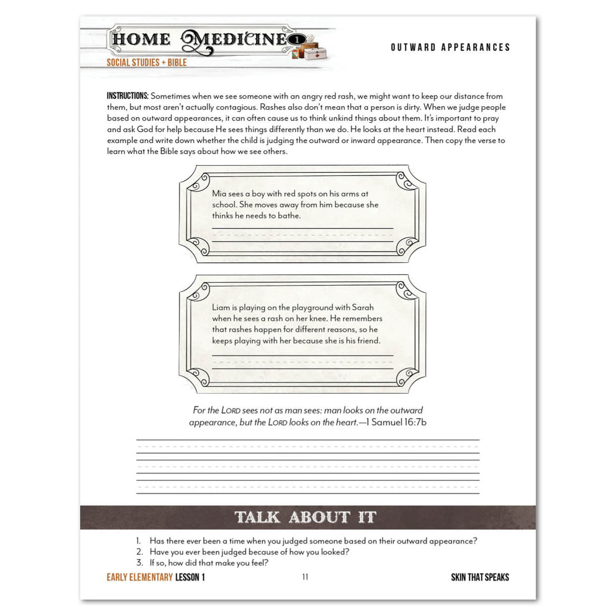 A worksheet titled 'Home Medicine: Social Stories and Bible' with instructional text, decorative text boxes, and a 'Talk About It' section at the bottom, shown on a white background.