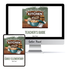 Digital product mockup showing a book cover titled 'Homesteading Kitchen' on a desktop monitor and tablet screen, with text reading 'Teacher's Guide' and 'Early Elementary' on a white background.
