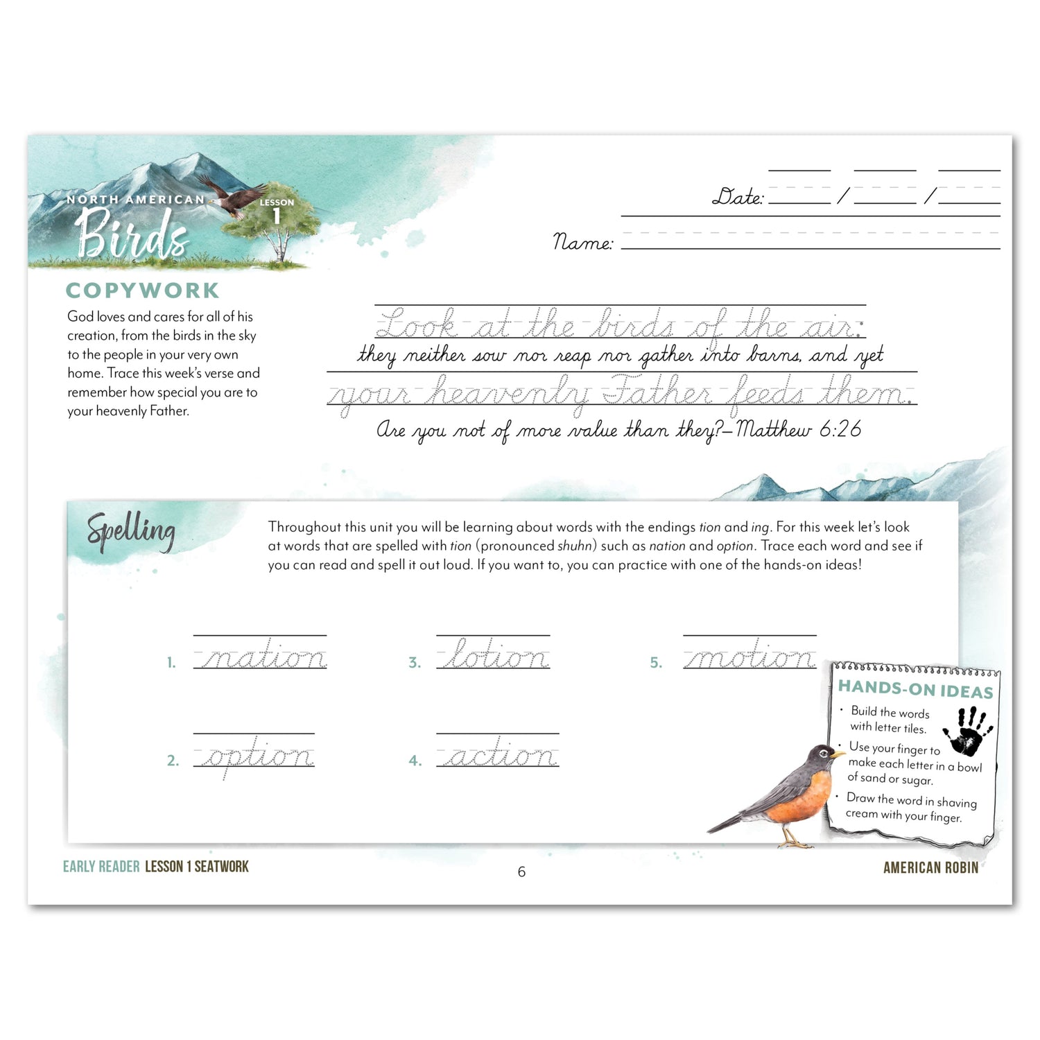 North American Birds part two homeschool unit study digital student seatwork journal in cursive for early reader lesson one