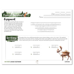 North American Forest Animals homeschool unit study digital student seatwork journal in cursive for early reader lesson one