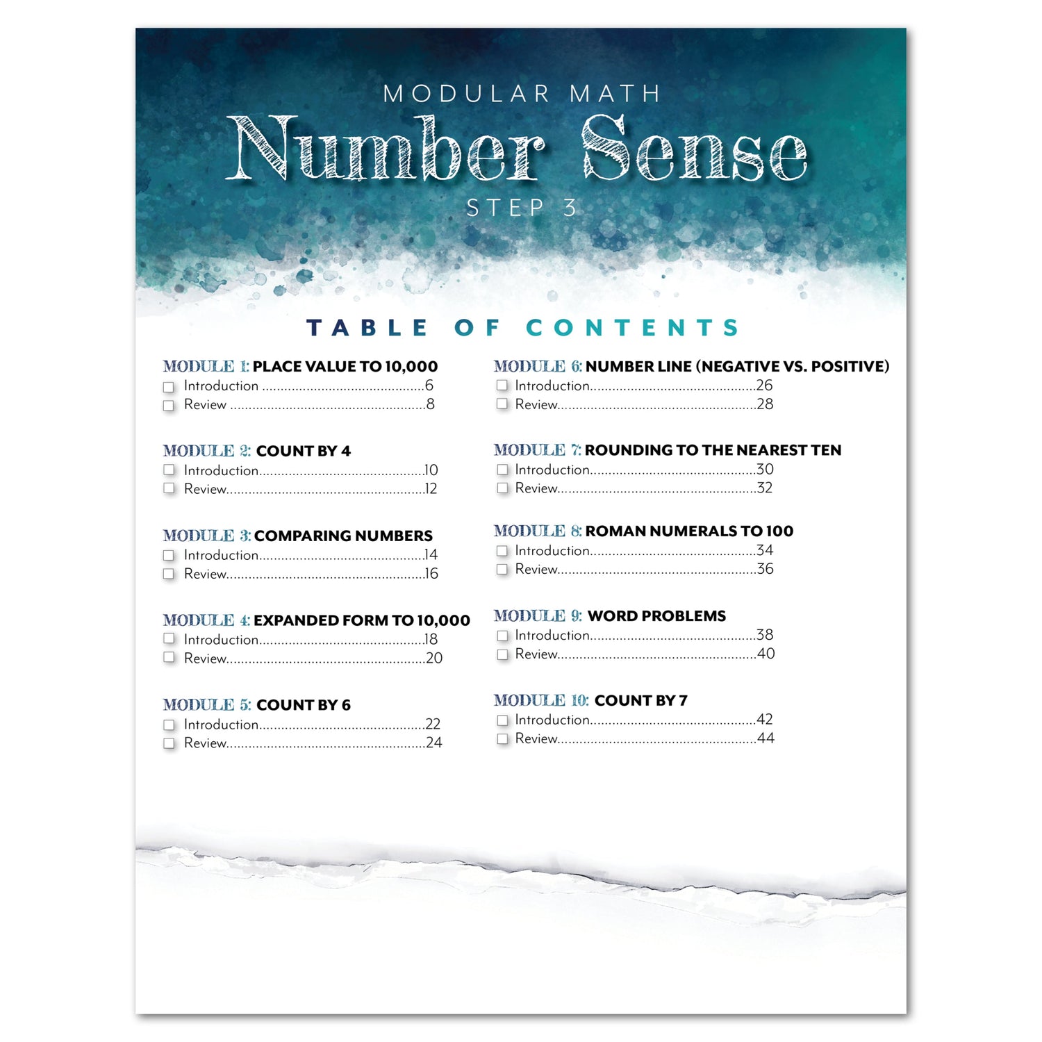 Number Sense Modular Math Step 3 printed book table of contents