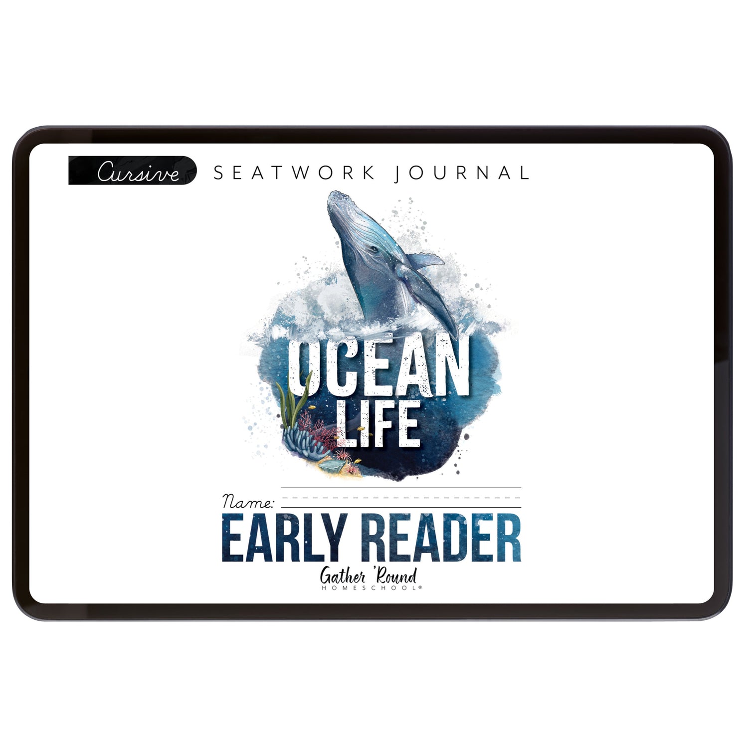 Ocean Life homeschool unit study digital seatwork journal in cursive for early reader 