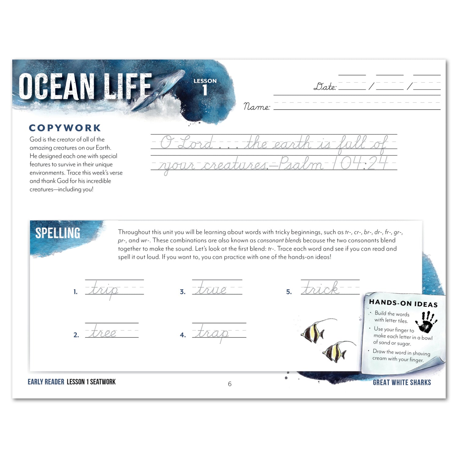 Ocean Life homeschool unit study digital seatwork journal in cursive for early reader lesson one worksheet