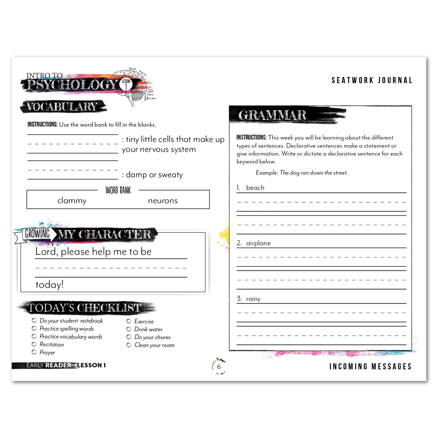 Psychology homeschool unit study digital student seatwork  journal manuscript early reader worksheet