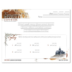 Renaissance and Revival Homeschool Unit Study Digital Seatwork Journal Cursive Early Reader Lesson 10  Copywork and Spelling