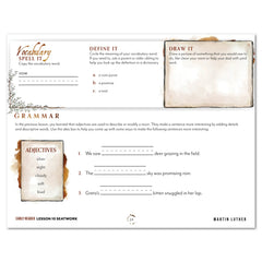Renaissance and Revival Homeschool Unit Study Digital Seatwork Journal Manuscript Early Reader Lesson 10 Vocabulary and Grammar
