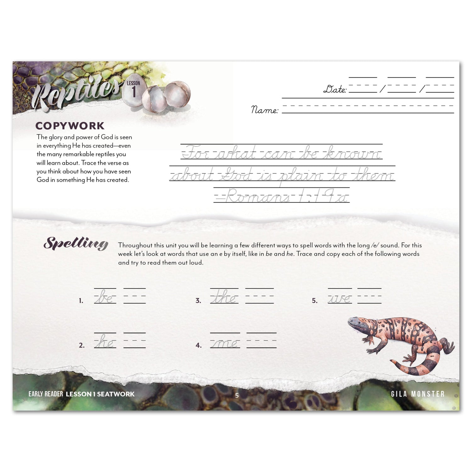 Reptiles homeschool unit study digital student seatwork journal in cursive for Early Reader worksheet