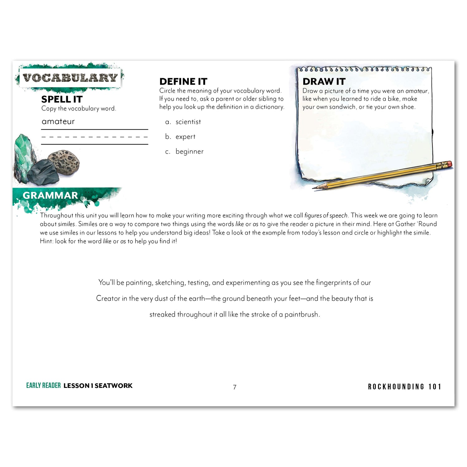 Rocks + Minerals homeschool unit study digital student seatwork journal in manuscript for Early Reader worksheet