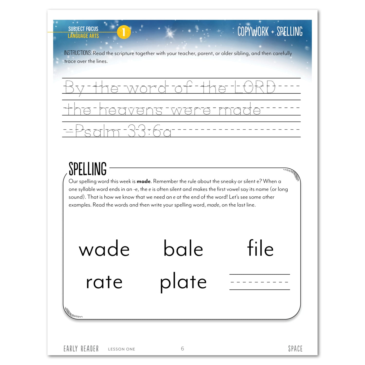 Space homeschool unit study digital student workbook in Early Reader with Teacher's Guide bundle copy work and spelling 