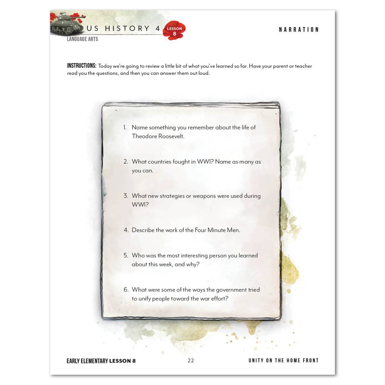 US History 4 Language Arts Early Elementary Lesson B worksheet featuring a central white card with six questions about Theodore Roosevelt and World War I, set against a white background with watercolor-style gold and brown accents.