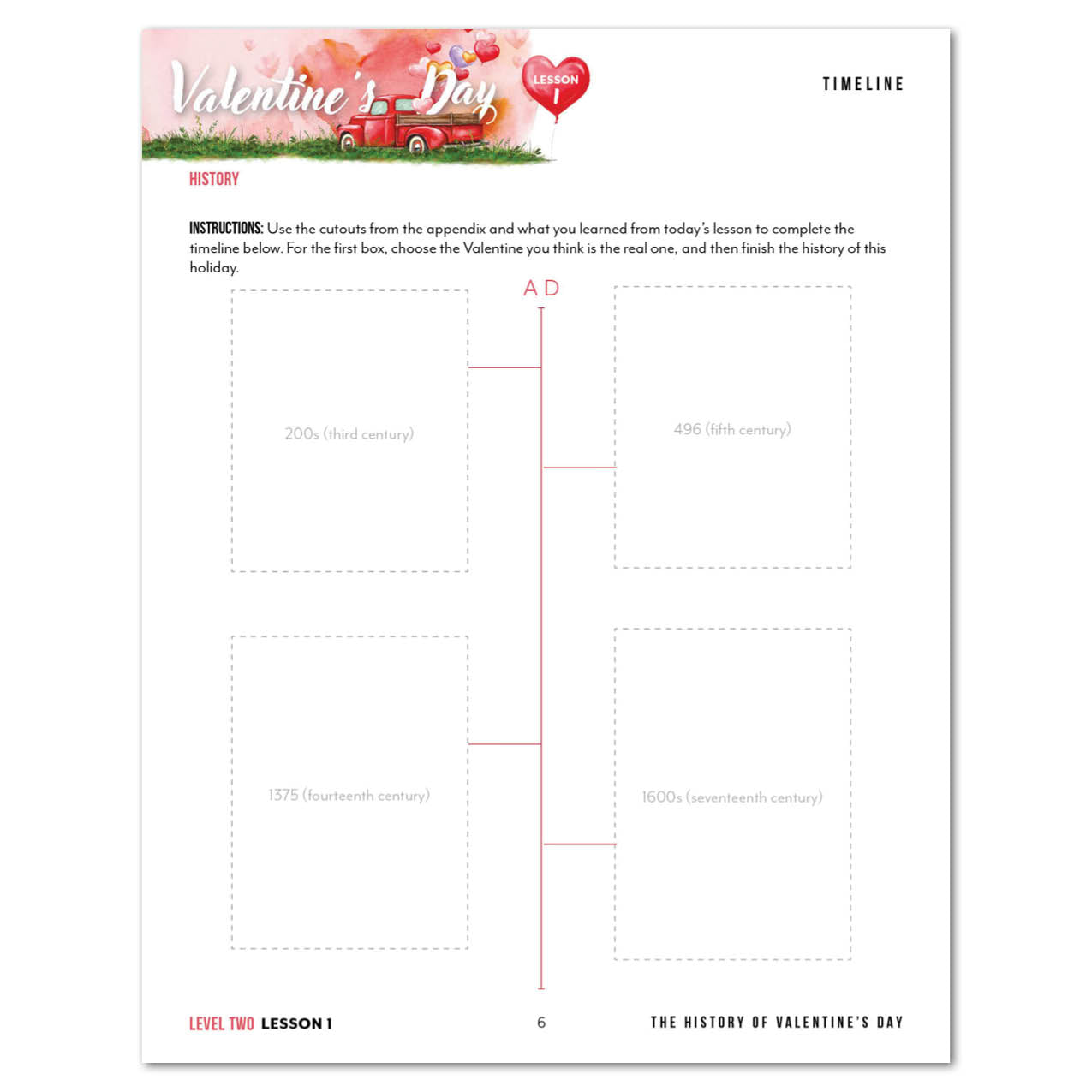 Valentine's Day Homeschool Unit Study Digital Download Level 2 Student Pack Lesson 1 Timeline