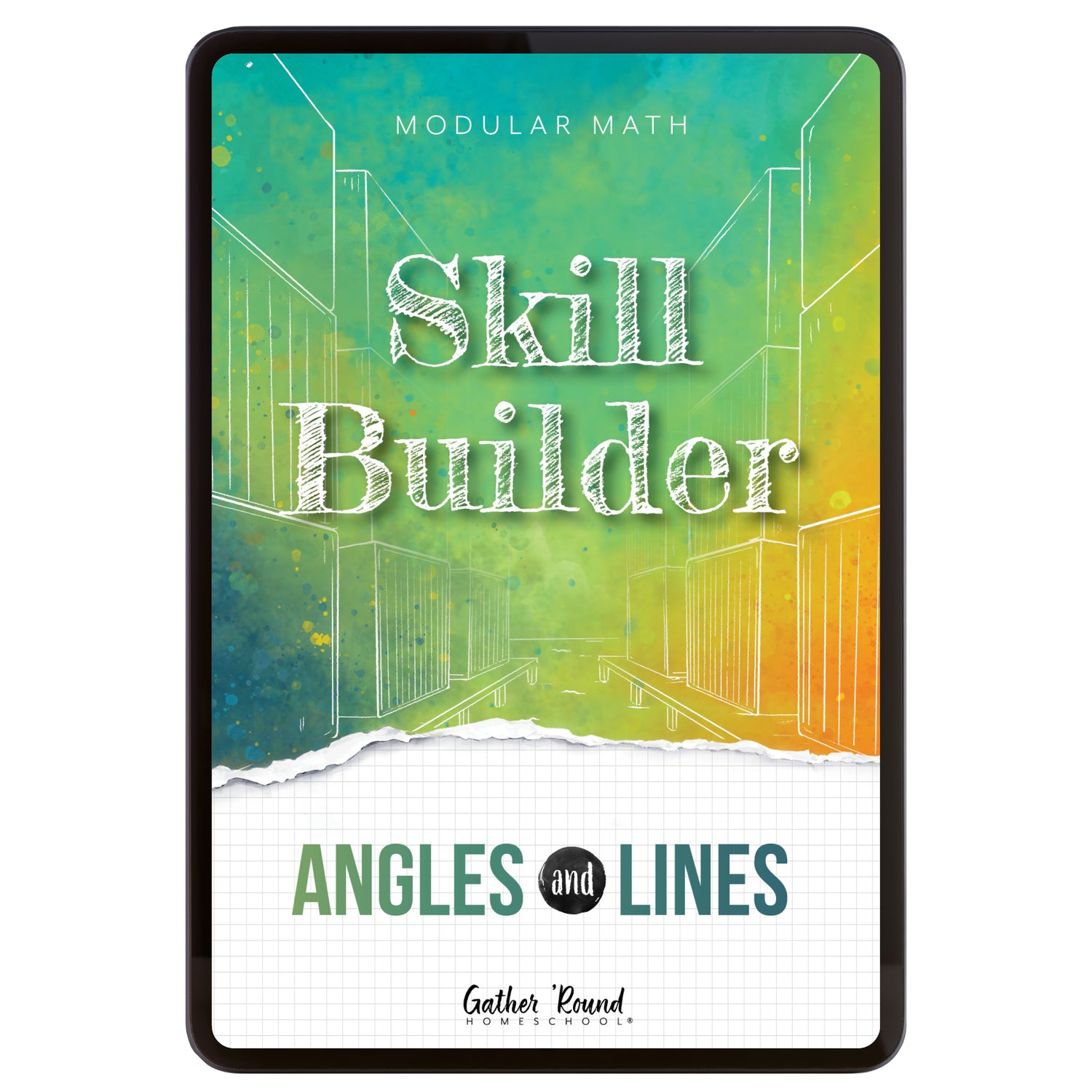 Digital book cover of 'Skill Builder: Angles and Lines' with geometric design and text on a colorful background.
