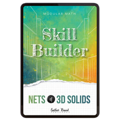 Digital book cover of 'Skill Builder: Nets of 3D Solids' with geometric design and text on a colorful background.