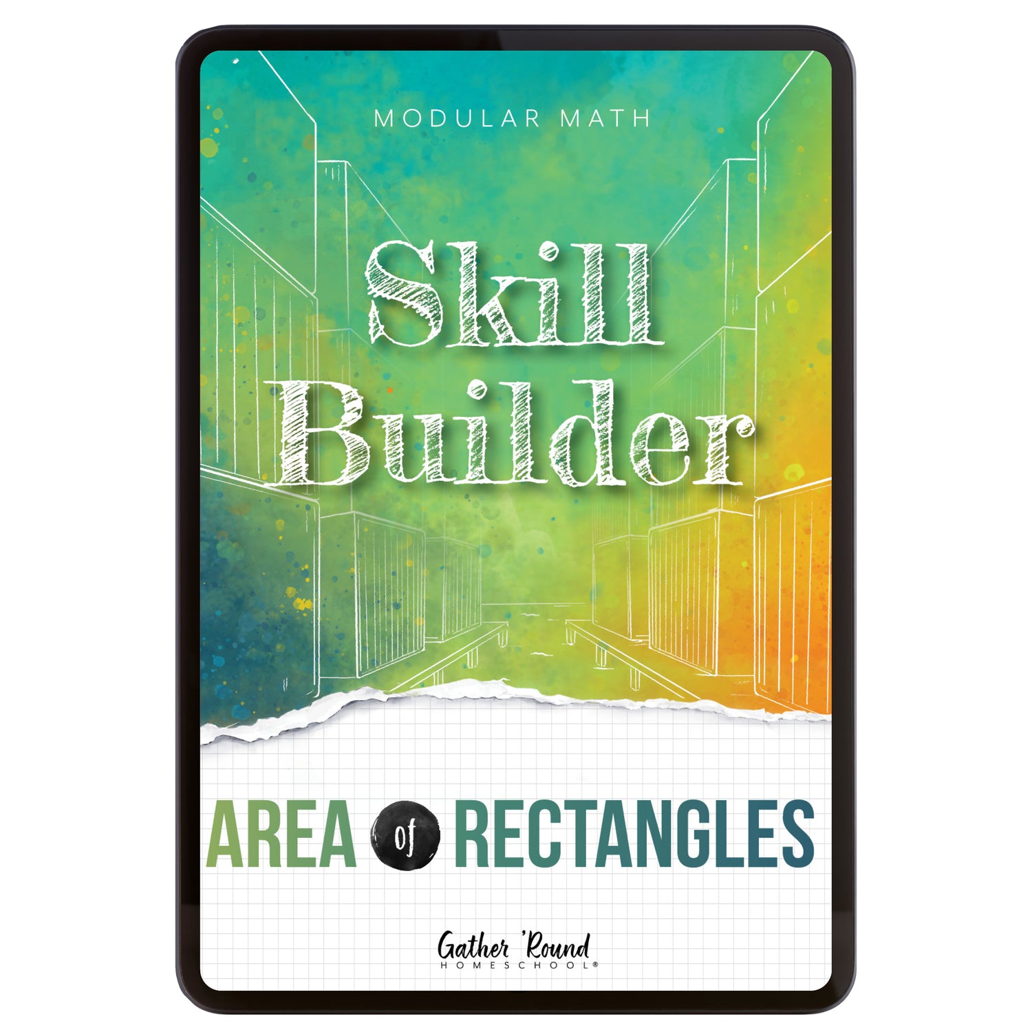 Digital book cover of 'Skill Builder: Area of Rectangles' with geometric design and text on a colorful background.