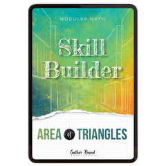 Digital book cover of 'Skill Builder: Area of Triangles' with geometric design and text on a colorful background.