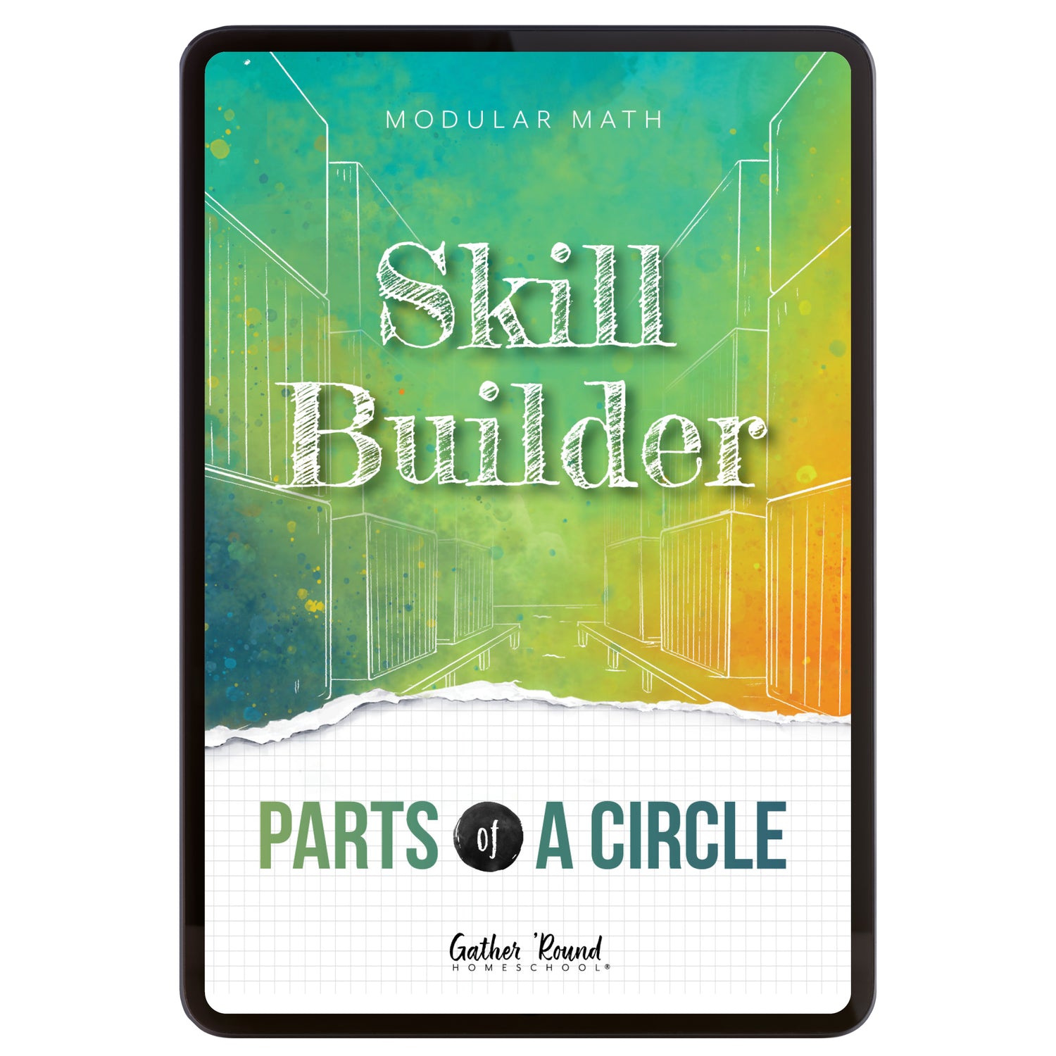 Digital book cover of 'Skill Builder: Parts of a Circle' with geometric design and text on a colorful background.