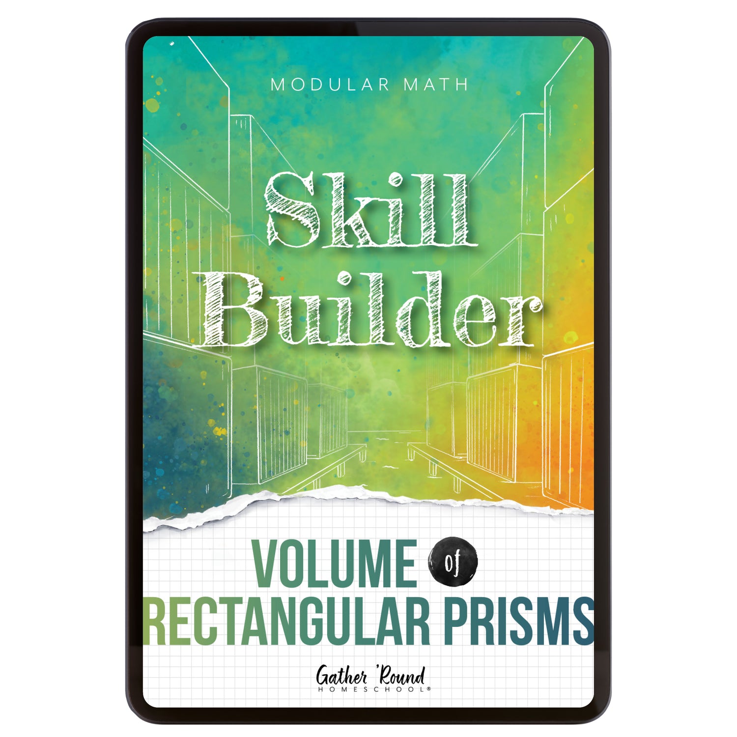 Digital book cover of 'Skill Builder: Volume of Rectangular Prisms' with geometric design and text on a colorful background.