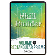 Digital book cover of 'Skill Builder: Volume of Rectangular Prisms' with geometric design and text on a colorful background.