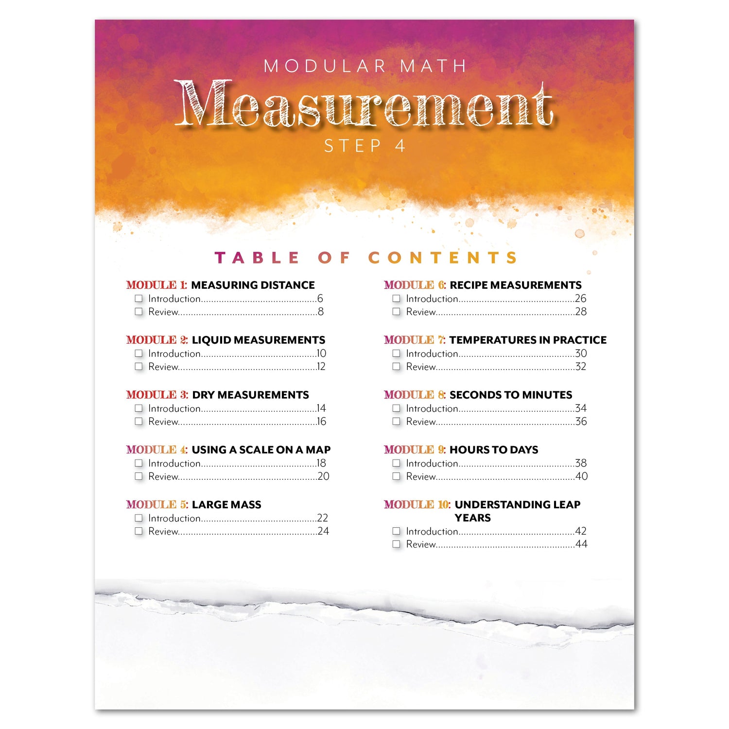 Measurement Step 4 modular math homeschool printed book table of contents