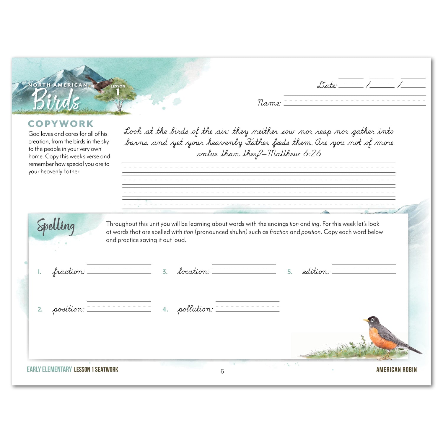North American Birds part two homeschool unit study digital student seatwork journal in cursive for early elementary lesson one