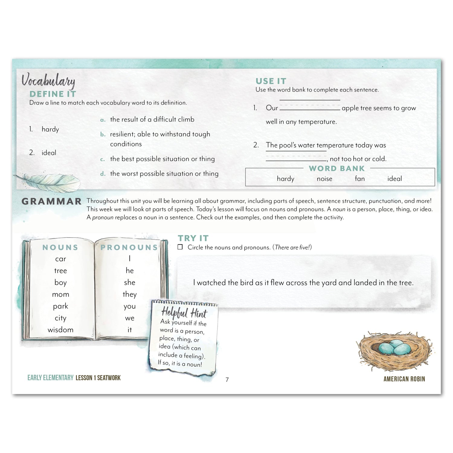 North American Birds part two homeschool unit study digital student seatwork journal in manuscript for early elementary lesson one