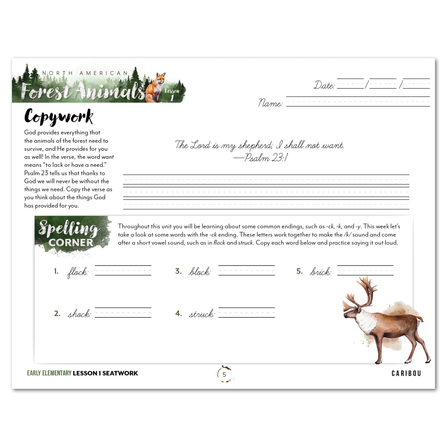 North American Forest Animals homeschool unit study digital student seatwork journal in cursive for early elementary lesson one