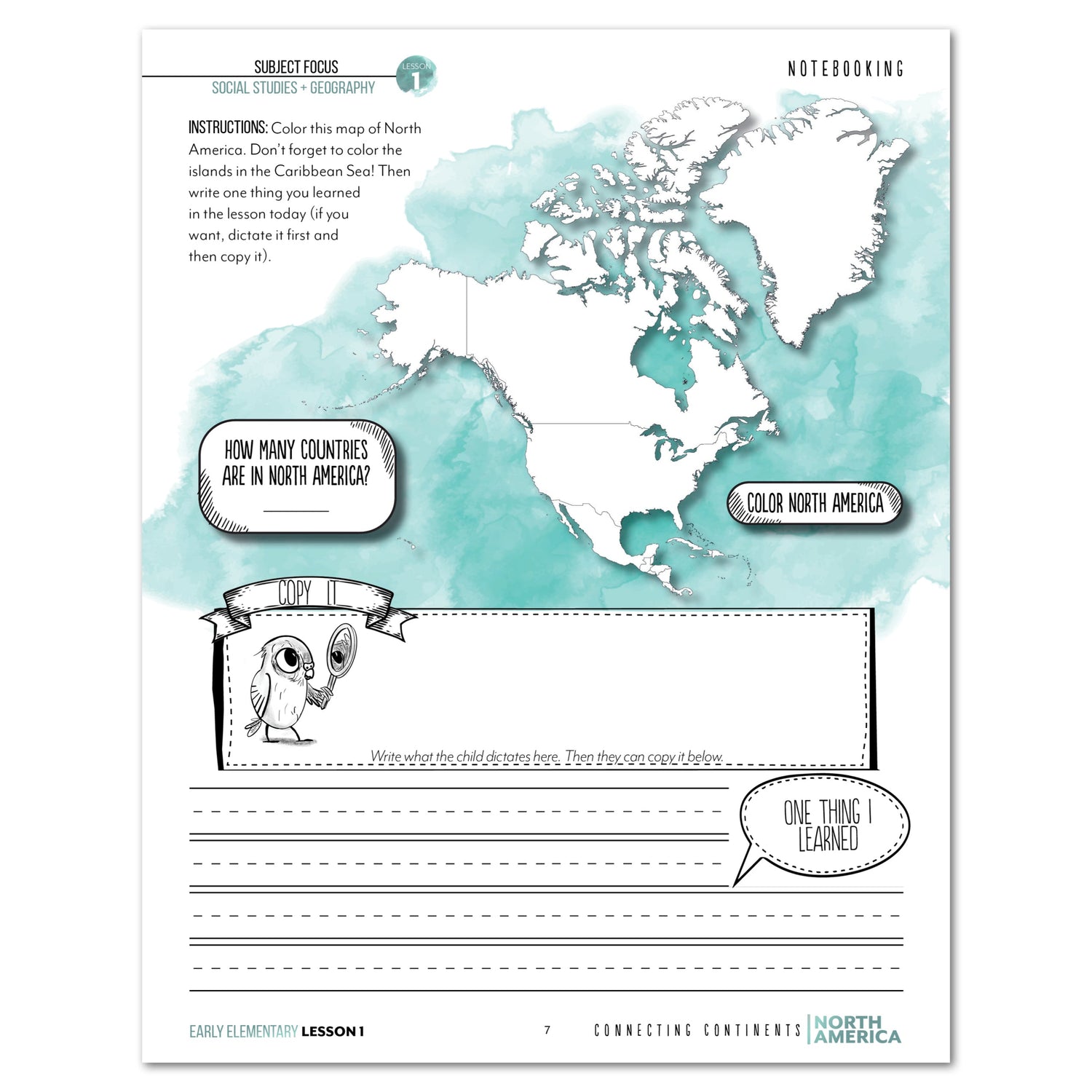 North America homeschool unit study digital student workbook for Early Elementary with teacher's guide lesson one