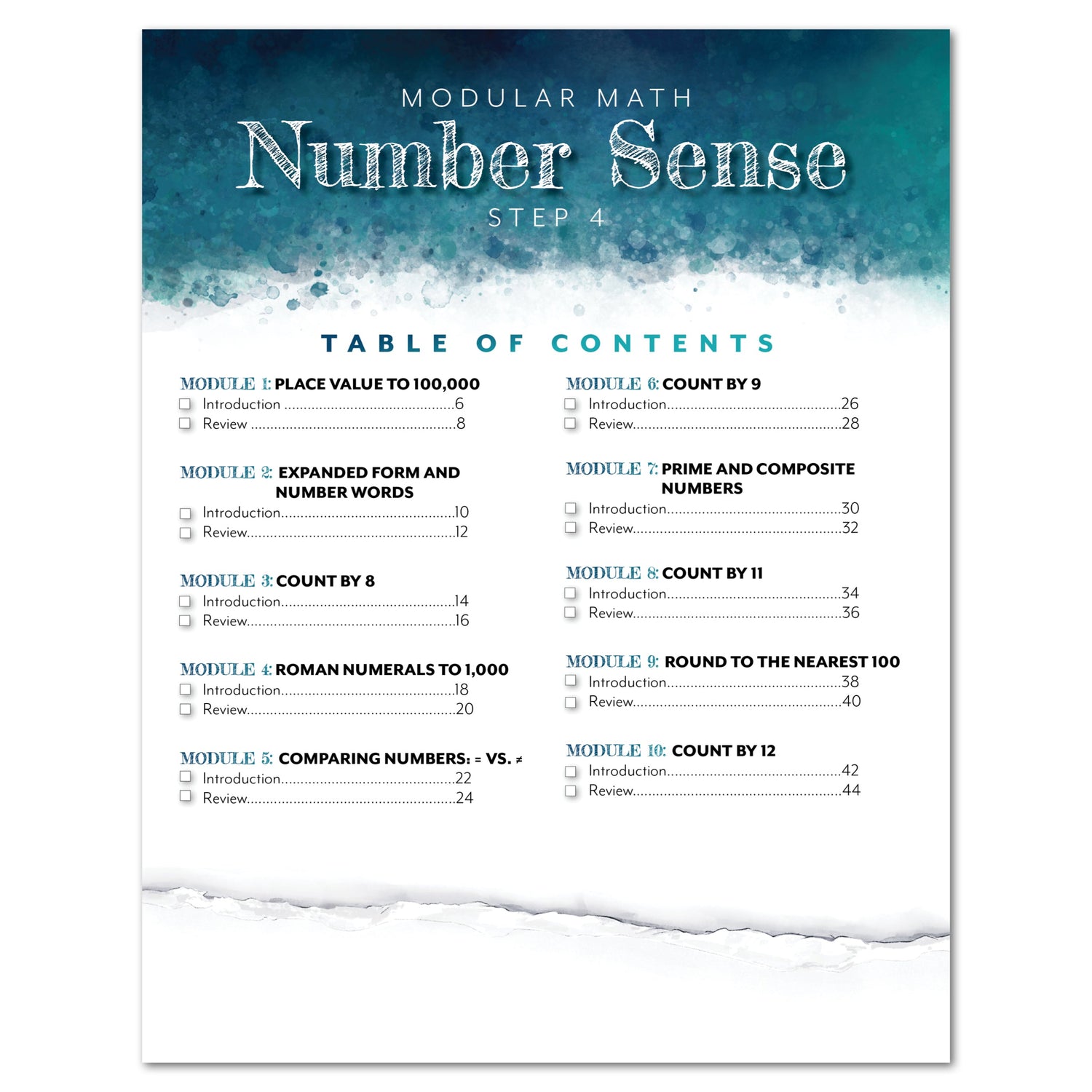 Number Sense Modular Math Step 4 printed book table of contents