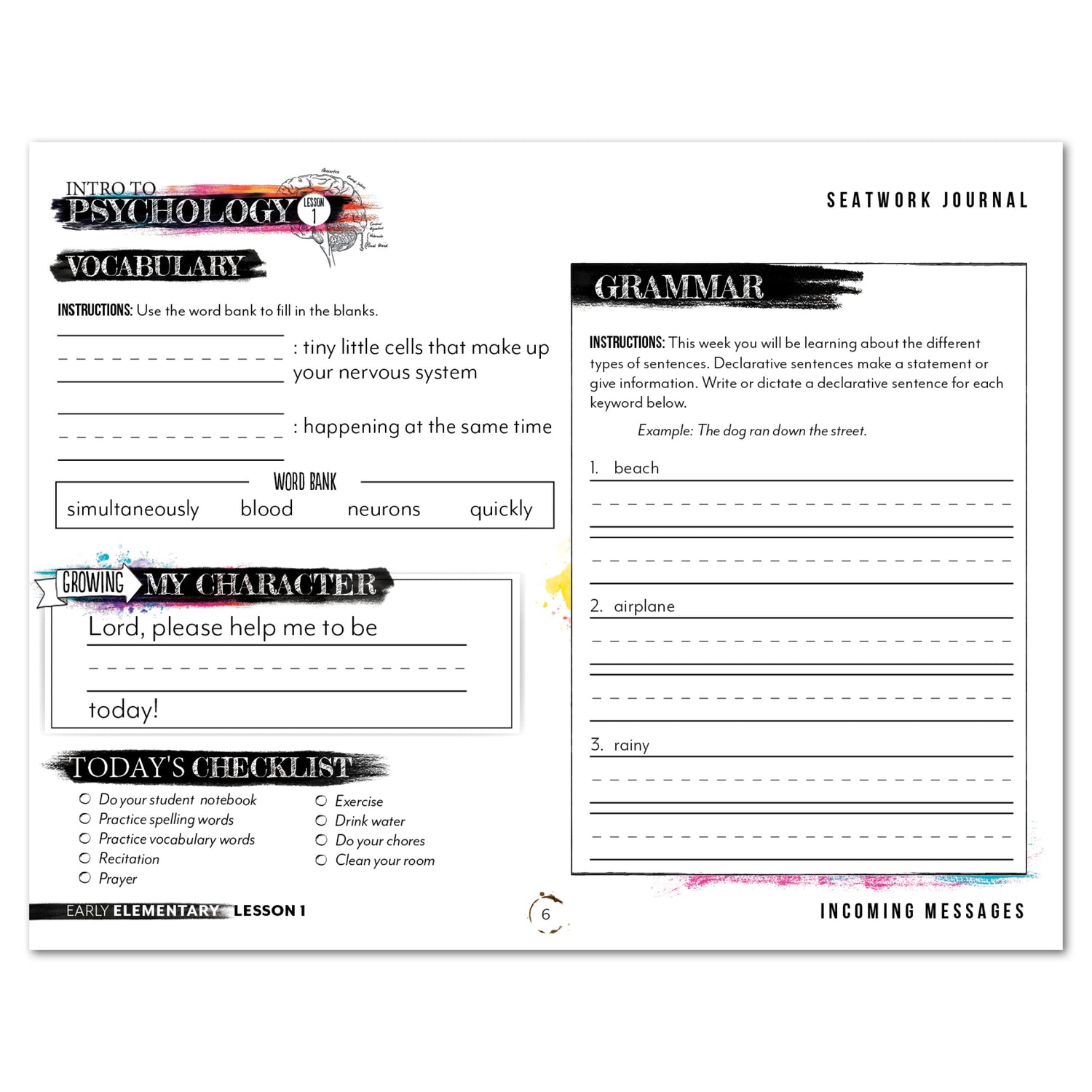 Psychology homeschool unit study digital student seatwork  journal manuscript early elementary worksheet
