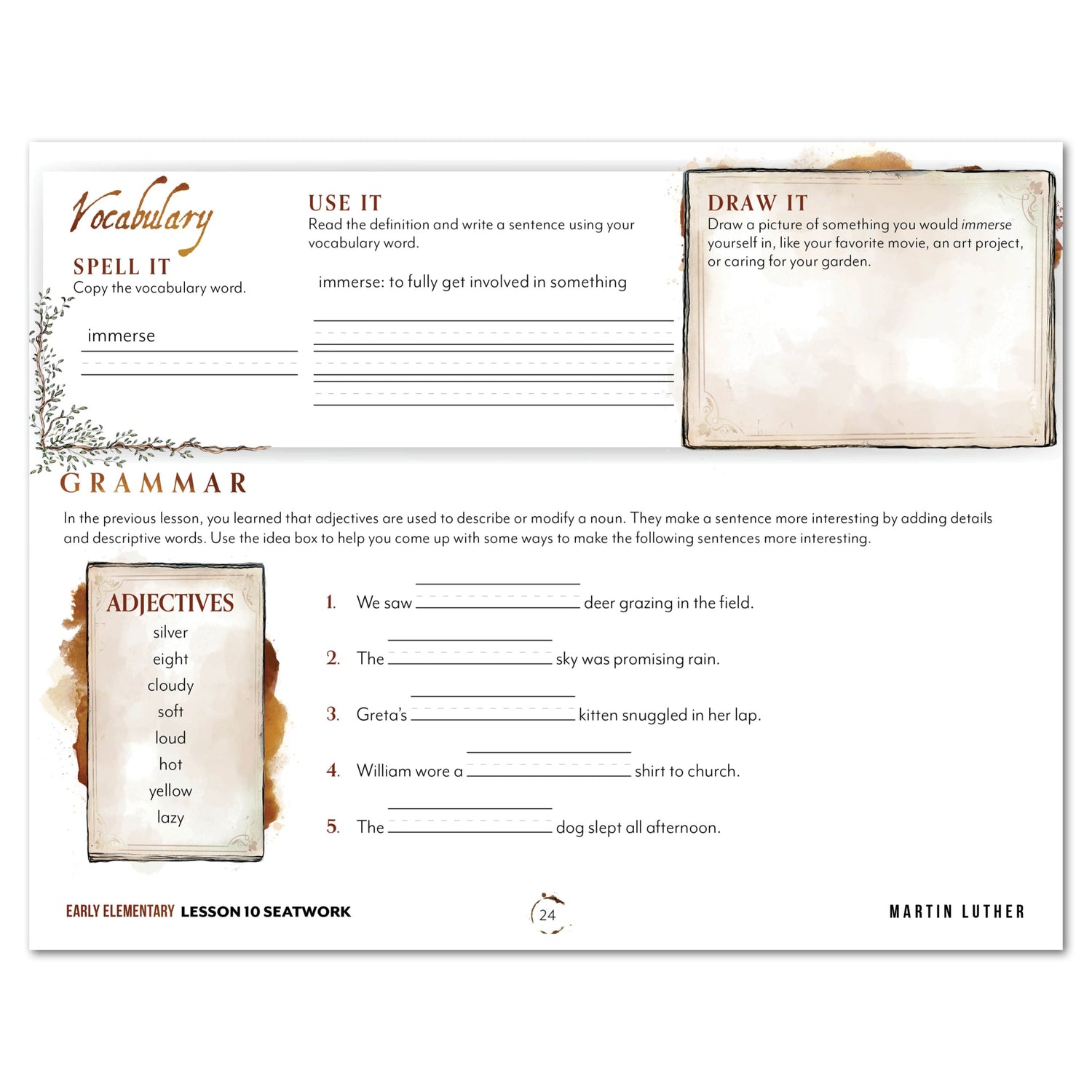 Renaissance and Revival Homeschool Unit Study Digital Seatwork Journal Manuscript Early Elementary Lesson 10 Vocabulary and Grammar