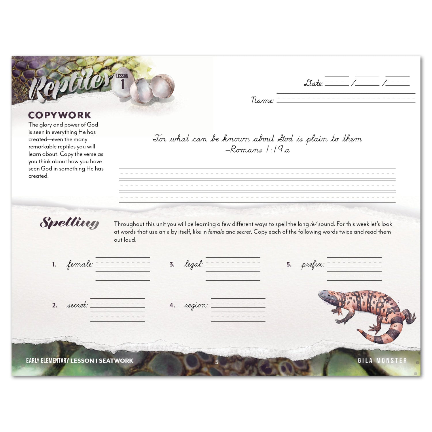 Reptiles homeschool unit study digital student seatwork journal in cursive for Early Elementary worksheet